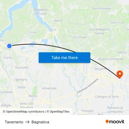 Tavernerio to Bagnatica map
