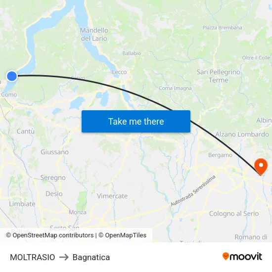 Moltrasio to Bagnatica map