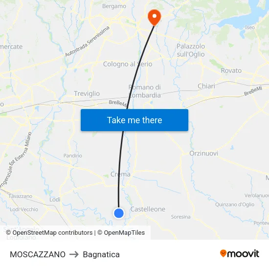 Moscazzano to Bagnatica map