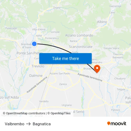 Valbrembo to Bagnatica map