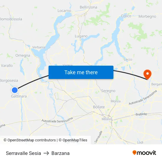 Serravalle Sesia to Barzana map