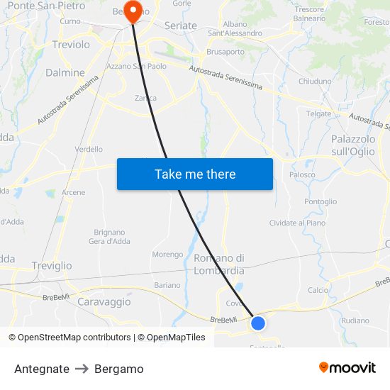 Antegnate to Bergamo map