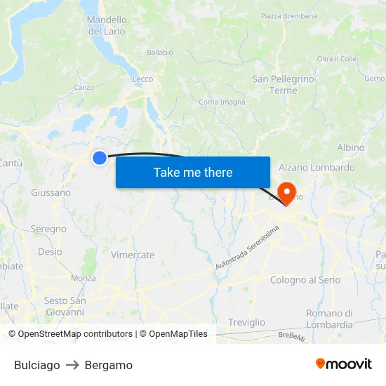 Bulciago to Bergamo map