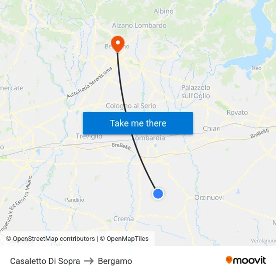 Casaletto di Sopra to Bergamo map