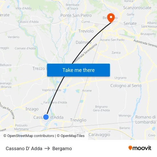 Cassano D'Adda to Bergamo map
