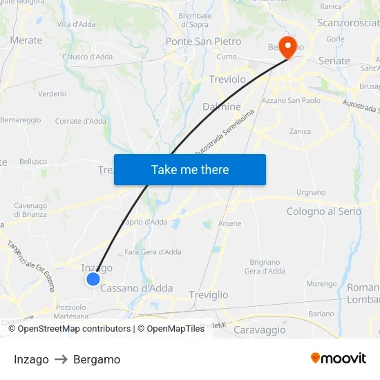 Inzago to Bergamo map