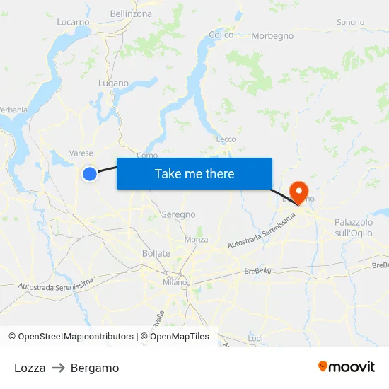 Lozza to Bergamo map