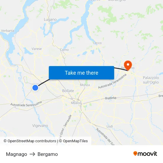 Magnago to Bergamo map