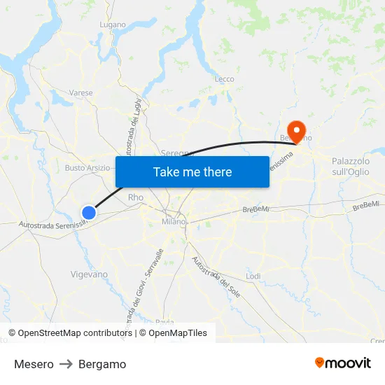 Mesero to Bergamo map