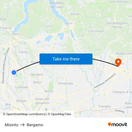 Misinto to Bergamo map
