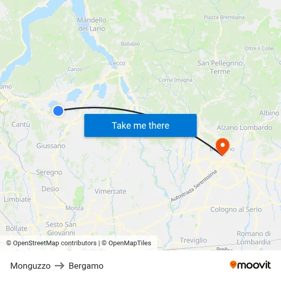 Monguzzo to Bergamo map