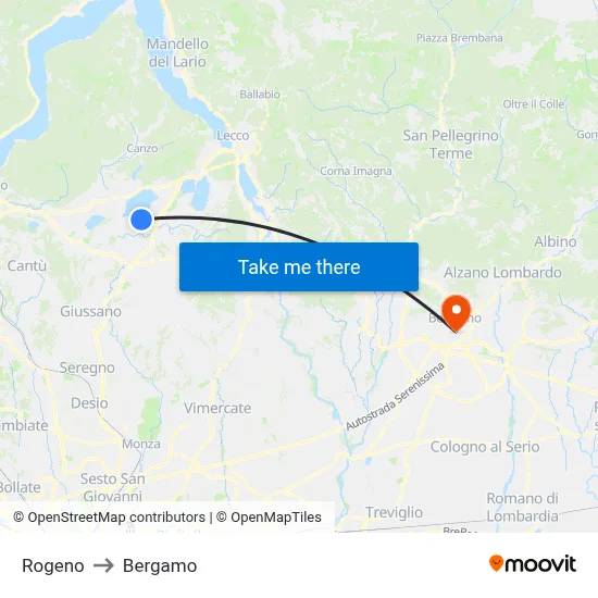 Rogeno to Bergamo map