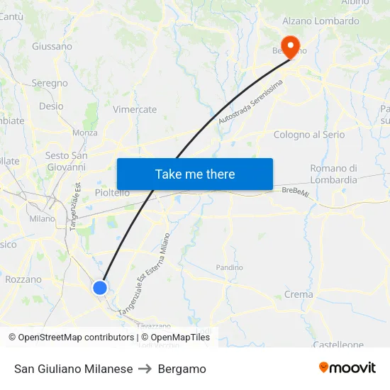 San Giuliano Milanese to Bergamo map