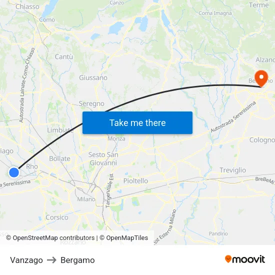 Vanzago to Bergamo map