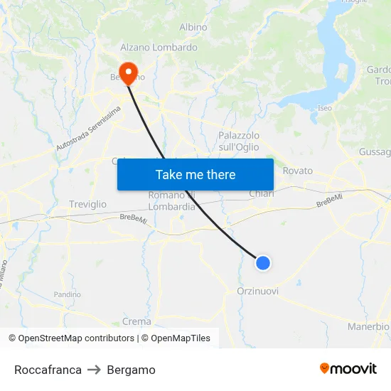 Roccafranca to Bergamo map
