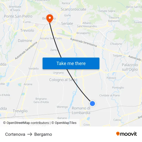Cortenova to Bergamo map