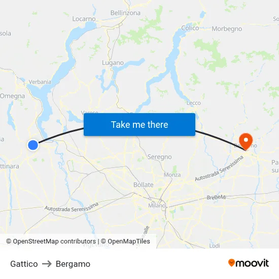 Gattico to Bergamo map