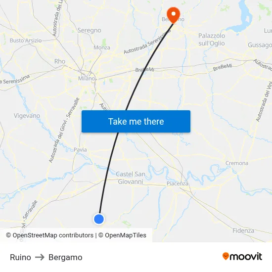 Ruino to Bergamo map