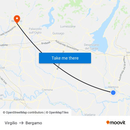Virgilio to Bergamo map