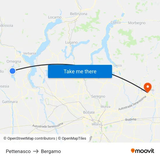 Pettenasco to Bergamo map