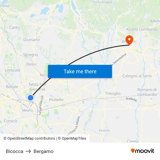 Bicocca to Bergamo map