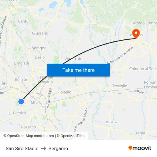 San Siro Stadio to Bergamo map
