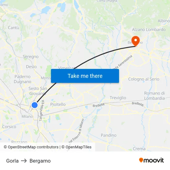 Gorla to Bergamo map
