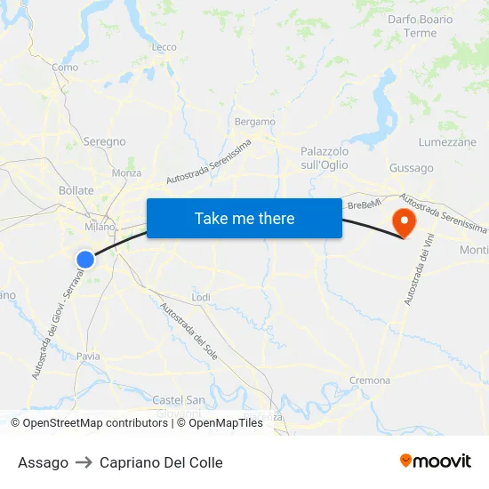 Assago to Capriano Del Colle map