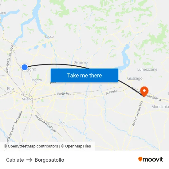 Cabiate to Borgosatollo map