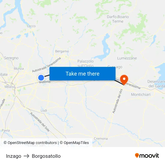 Inzago to Borgosatollo map