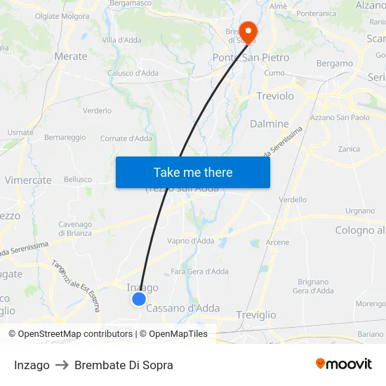 Inzago to Brembate Di Sopra map