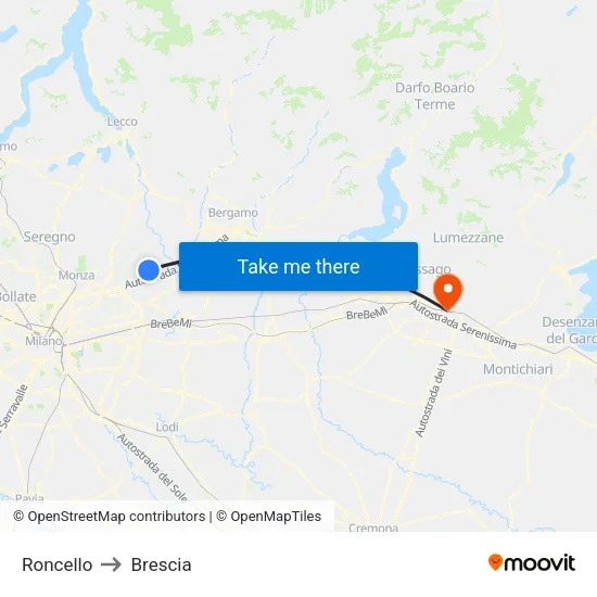 Roncello to Brescia map