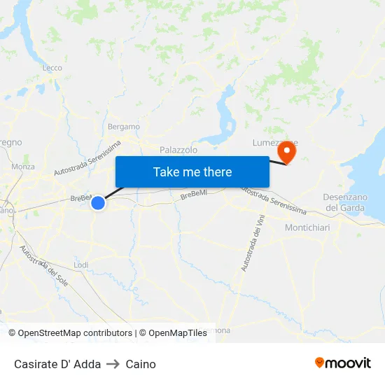 Casirate d'Adda to Caino map
