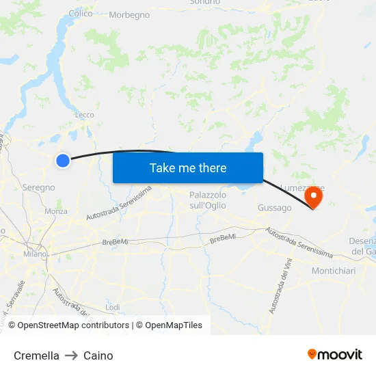 Cremella to Caino map