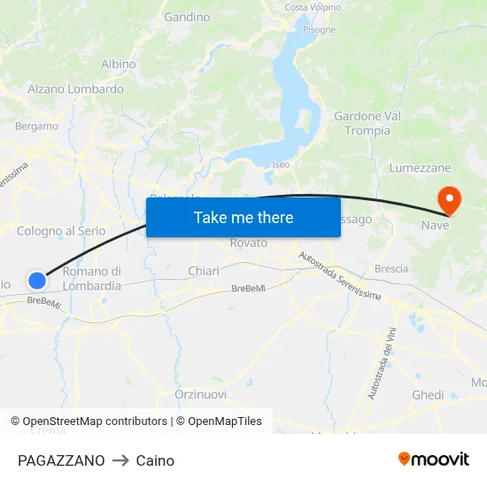 Pagazzano to Caino map