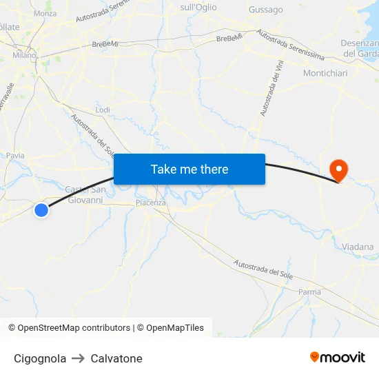 Cigognola to Calvatone map
