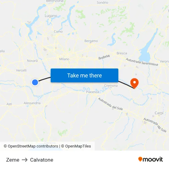 Zeme to Calvatone map