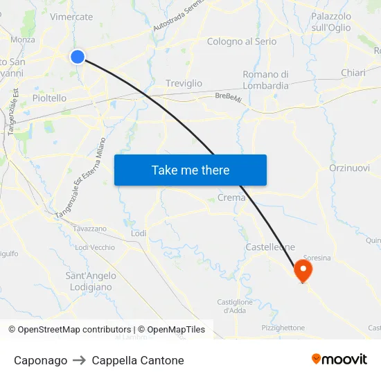 Caponago to Cappella Cantone map