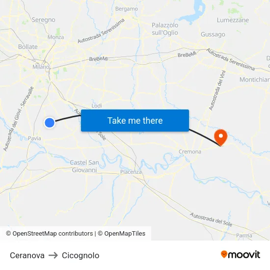 Ceranova to Cicognolo map