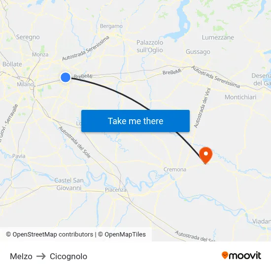 Melzo to Cicognolo map