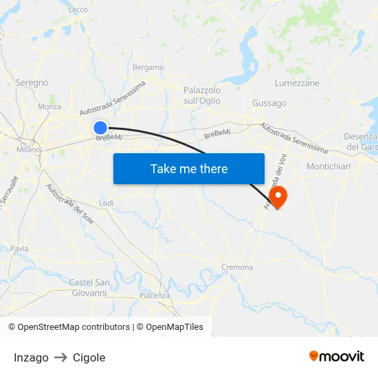 Inzago to Cigole map