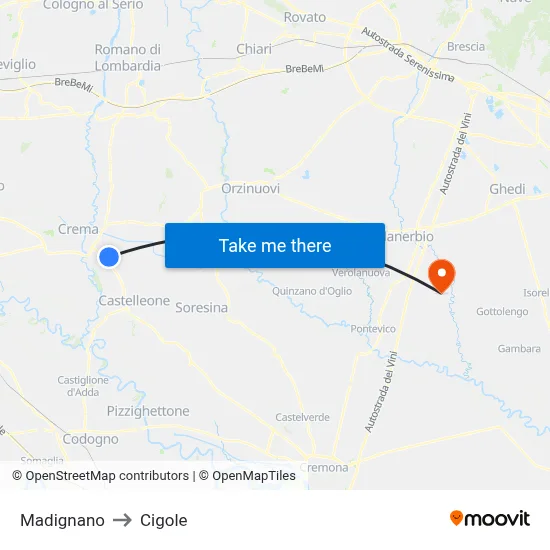 Madignano to Cigole map