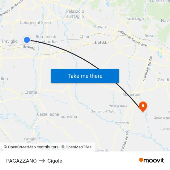 Pagazzano to Cigole map