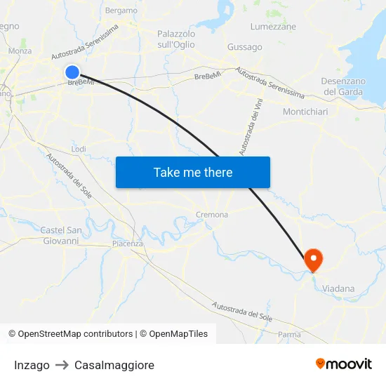 Inzago to Casalmaggiore map
