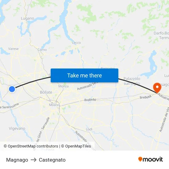 Magnago to Castegnato map