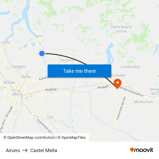 Airuno to Castel Mella map