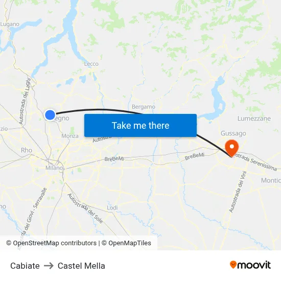 Cabiate to Castel Mella map