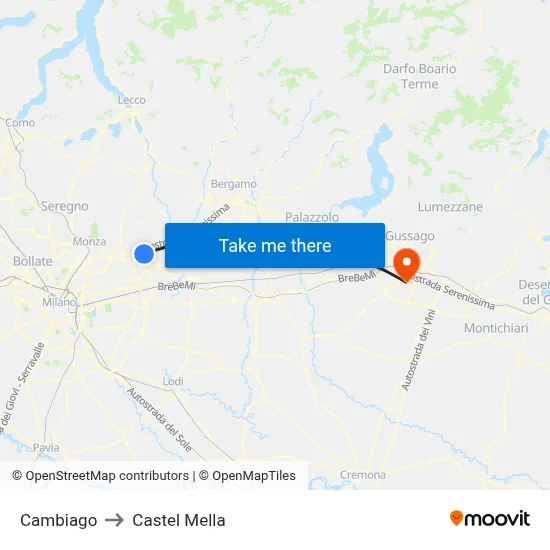 Cambiago to Castel Mella map
