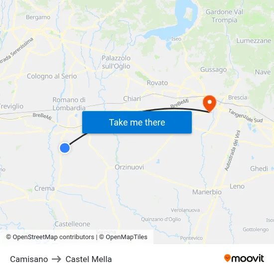 Camisano to Castel Mella map