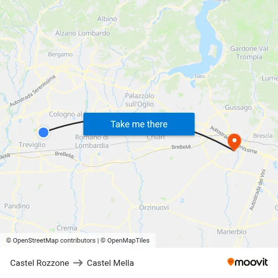 Castel Rozzone to Castel Mella map